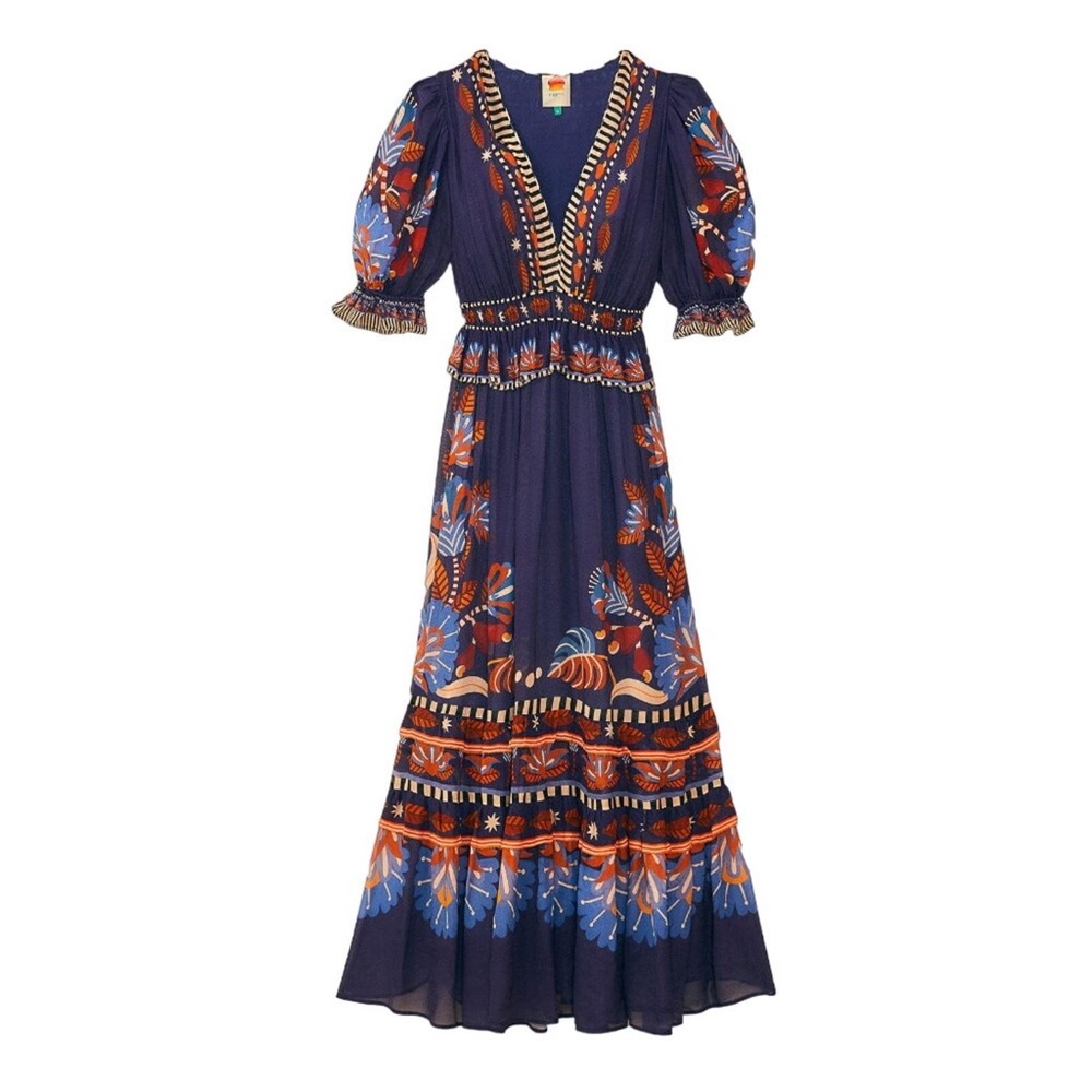 FARM Rio Navy Blue Maxi Dress with Orange & Light Blue Floral Print - Picture 3 of 16